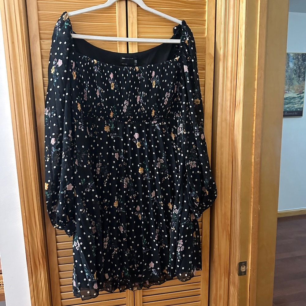 ASOS DESIGN square neck pleated mini skate dress in dot floral